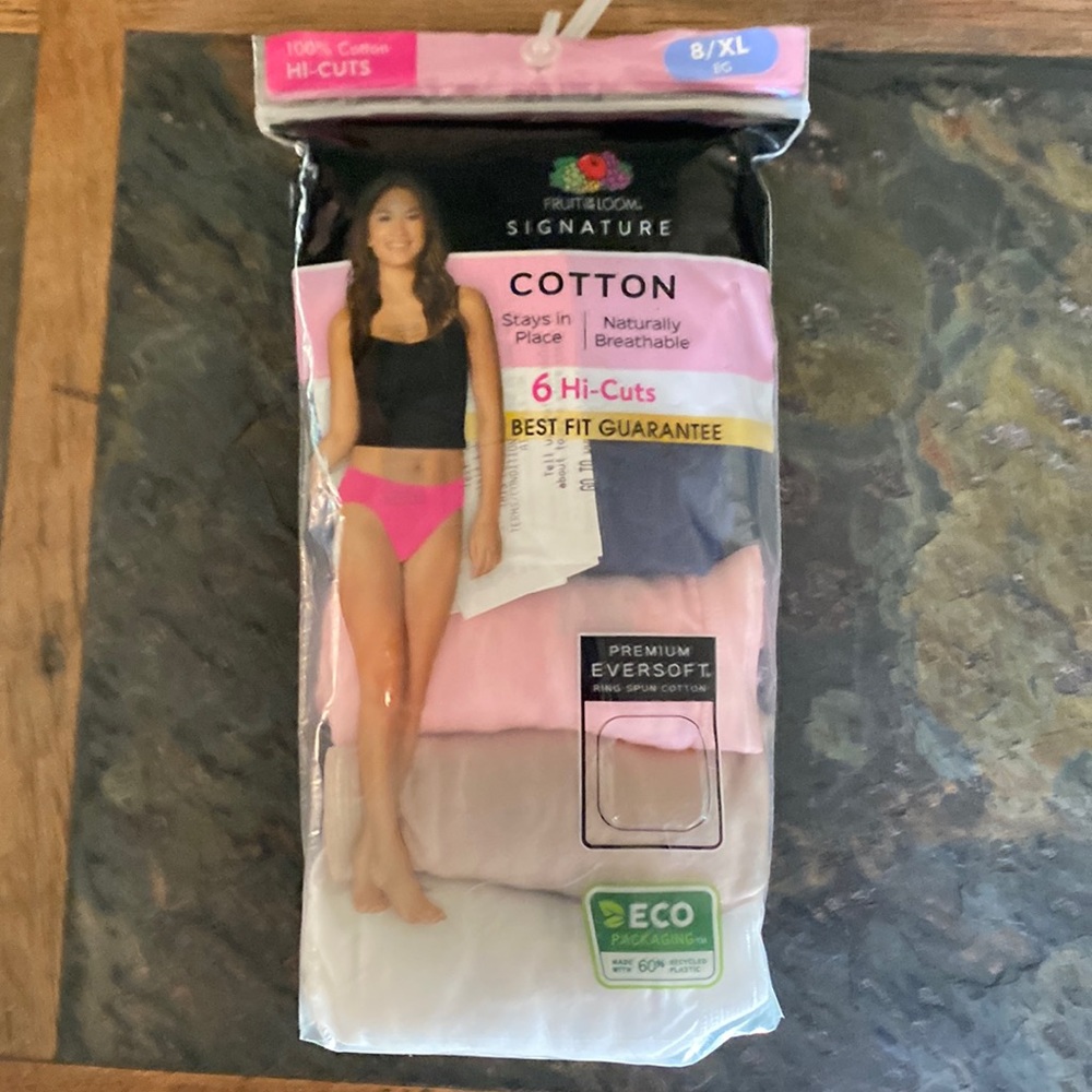 Brand new, high,cut, cotton underwear.  Multi colored “fruit of the loom”